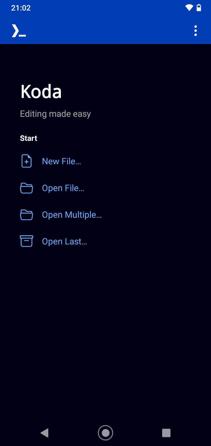 Koda app screenshot showing the dark-themed start screen